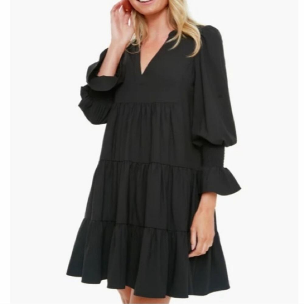 🚨NEW POMANDER PLACE Tuckernuck Black Crepe Kenzo Tiered Mini Dress Sz Small - Picture 4 of 16